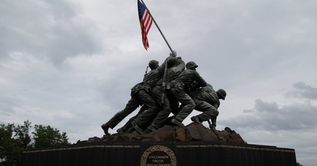 Iwo Jima Memorial depicting soldiers raising the US flag, a symbol of valor.