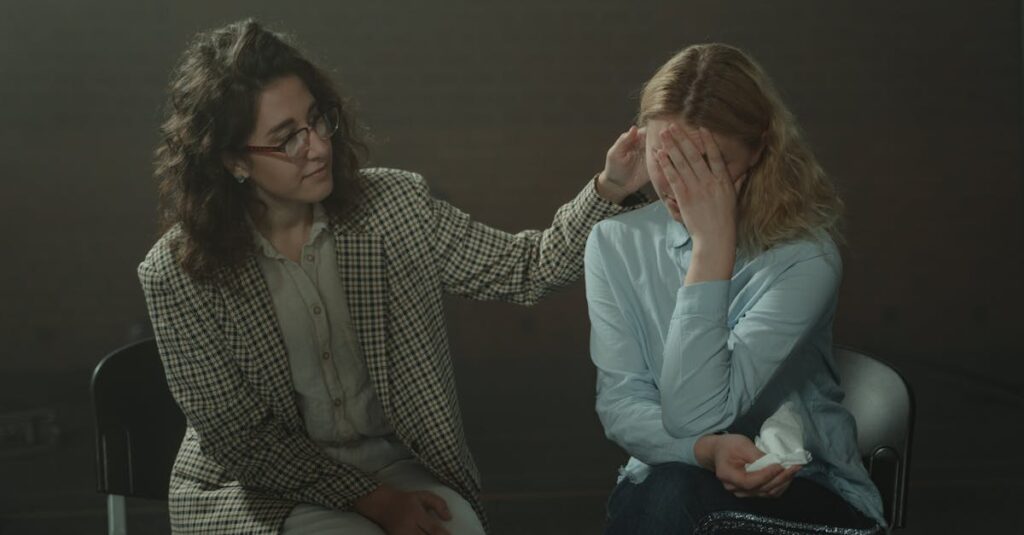A comforting moment during a support session, highlighting empathy and understanding.