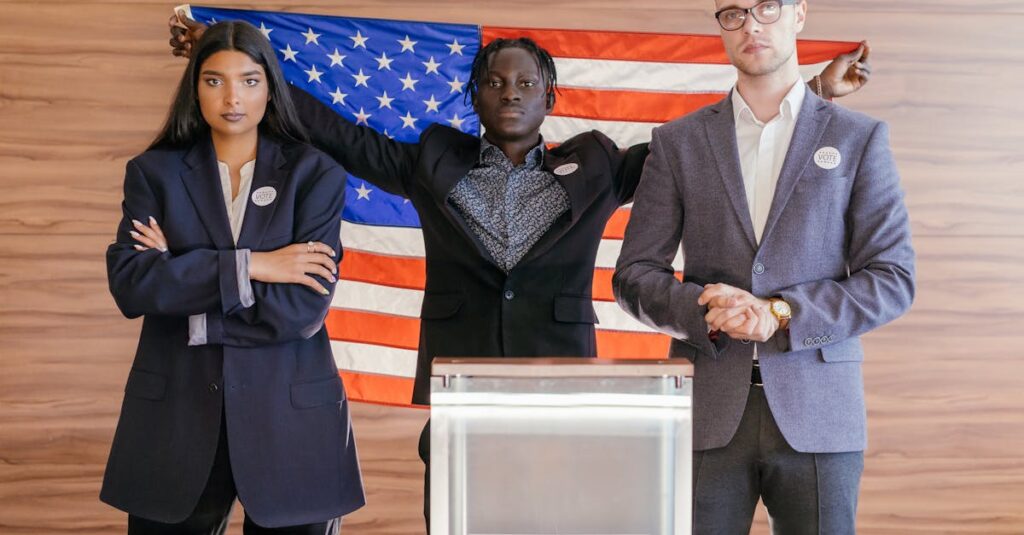 A group of diverse individuals standing confidently in front of an American flag at an election podium.