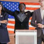 A group of diverse individuals standing confidently in front of an American flag at an election podium.